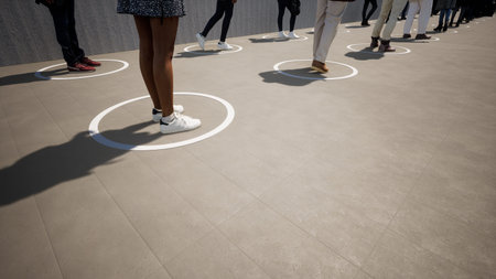 Concept or conceptual 3d illustration of people standing in line, social distancing as means of...