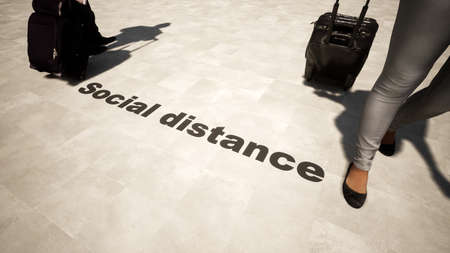 Concept or conceptual 3d illustration of people standing in line, social distancing as a means of prevention and protection against coronavirus contamination. A metaphor for  the change in tourism durの写真素材