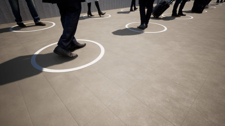Concept or conceptual 3d illustration of people standing in line, social distancing as means of...