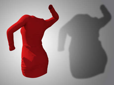 Conceptual fat overweight obese shadow female sweater dress vs slim fit healthy body after weight loss or diet thin young woman on gray. A fitness, nutrition or obesity health shape 3D illustrationの写真素材