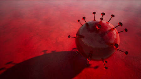 Concept or conceptual 3d illustration of coronavirus on red background as a warning for global outbreak and the danger of transmission of this deadly infectious respiratory diseaseの写真素材