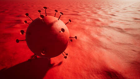 Concept or conceptual 3d illustration of coronavirus on red background as a warning for global outbreak and the danger of transmission of this deadly infectious respiratory diseaseの写真素材