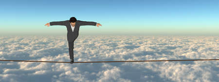 Conceptual of 3D businessman  in crisis walking in balance on rope above clouds sky background, metaphor to business, danger, isk, finance, fall, dangerous, equilibrium, hazard or successの写真素材