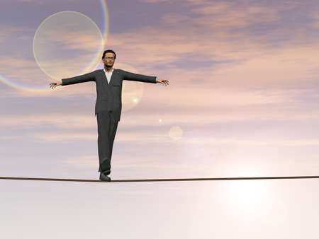 Conceptual concept of 3D businessman or man in crisis walking in balance on rope above  clouds sky background for business, danger, risk, risky, finance, fall, equilibrium, hazard or successの写真素材