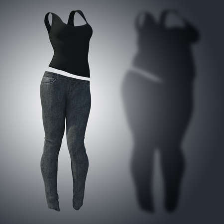 Conceptual fat overweight obese shadow female jeans undershirt vs slim fit healthy body after weight loss or diet thin young woman on gray. Fitness, nutrition or obesity health shape 3D illustrationの写真素材