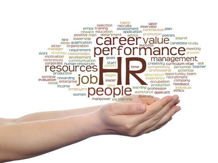 Concept conceptual hr or human resources management abstract word cloud in hand isolated on background, metaphor to workplace, development, career, success, hiring, competence, goal, corporate or jobの写真素材