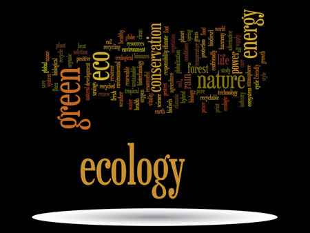 Concept or conceptual abstract green ecology and conservation word cloud text on black background,...