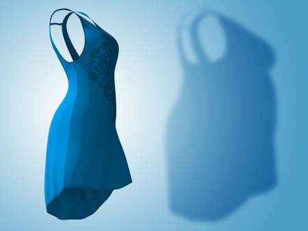 Conceptual fat overweight obese shadow female dress outfit vs slim fit healthy body after weight loss or diet thin young woman on blue. A fitness, nutrition or obesity health shape 3D illustrationの写真素材