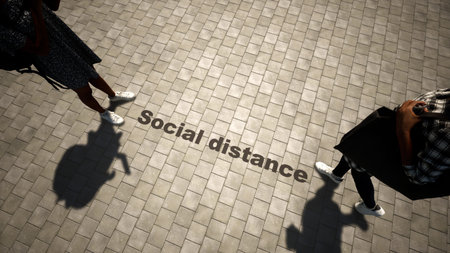 Concept or conceptual 3d illustration of two women meeting following social distance guidelines on a...