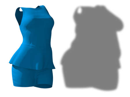 Conceptual fat overweight obese shadow female blouse and skirt vs slim fit healthy body after weight loss or diet thin young woman isolated. A fitness, nutrition, obesity health shape 3D illustrationの写真素材