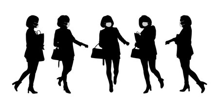 Vector concept conceptual  silhouette women taking while social distancing as means of prevention and protection against coronavirus contamination. A metaphor for the new normal.のイラスト素材