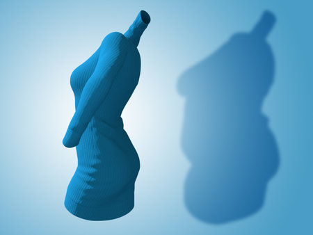 Conceptual fat overweight obese shadow female sweater dress vs slim fit healthy body after weight loss or diet thin young woman on blue. A fitness, nutrition or obesity health shape 3D illustrationの写真素材