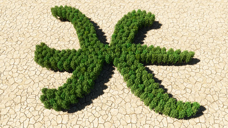 Concept or conceptual group of green forest tree on dry ground background as sign of pisces zodiac sign. A 3d illustration symbol for  esoteric, the mystic, the power of prediction of astrologyの写真素材