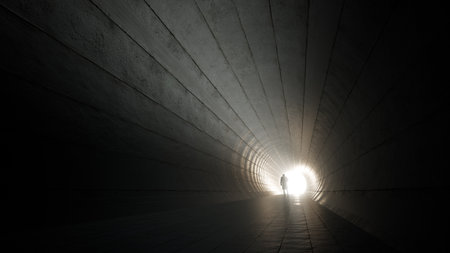 Concept or conceptual dark tunnel with a bright light at the end or exit as metaphor to success, faith, future or hope, a black silhouette of walking man to new opportunity or freedom 3d illustrationの写真素材
