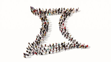 Concept or conceptual large gathering  of people forming an gemini zodiac sign on white background. A 3d illustration symbol for  esoteric, the mystic, the power of prediction of astrologyの写真素材