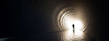 Concept or conceptual dark tunnel with a bright light at the end or exit as metaphor to success, faith, future or hope to new opportunity or freedom 3d illustrationの写真素材