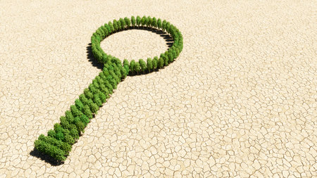 Concept or conceptual group of green forest tree on dry ground background as sign of magnifying...