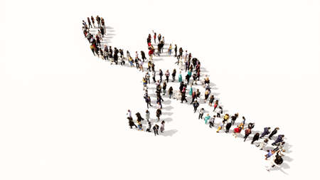 Concept or conceptual large community of people as the image of a tennis player on white background.  A 3d illustration metaphor for sport, competition, training,  relaxation, family and funの写真素材