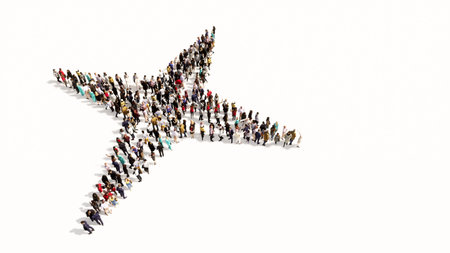 Concept or conceptual large community of people as a navigation compass sign on white background. A...