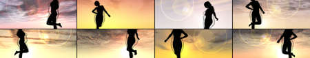 Conceptual fat overweight obese female vs slim fit healthy body after weight loss or diet with muscles thin young woman over sunset. Fitness, nutrition or fatness obesity, health shape 3D illustrationの写真素材