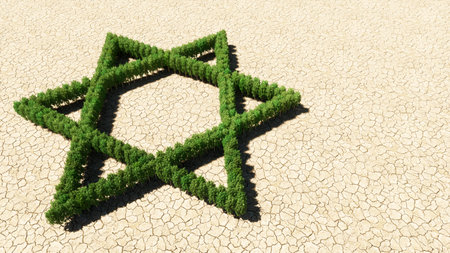 Concept or conceptual group of green forest tree on dry ground background sign of religious hebrew...