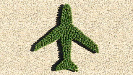 Concept or conceptual group of green forest tree on dry ground background, airplane sign. 3d illustration metaphor for modern, fast, comfortable and  secure transportation, holiday and businessの写真素材