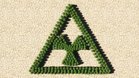 Concept or conceptual group of green forest tree on dry ground background,nuclear danger icon. 3d...