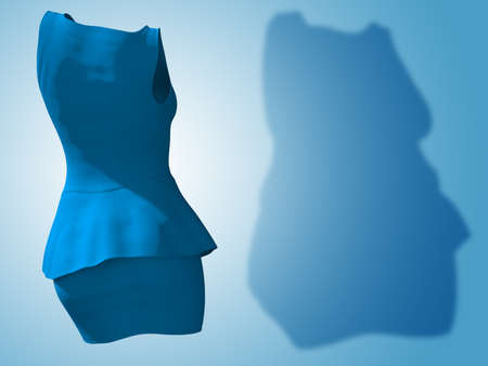 Conceptual fat overweight obese shadow female blouse and skirt vs slim fit healthy body after weight loss or diet thin young woman on blue. A fitness, nutrition, obesity health shape 3D illustrationの写真素材