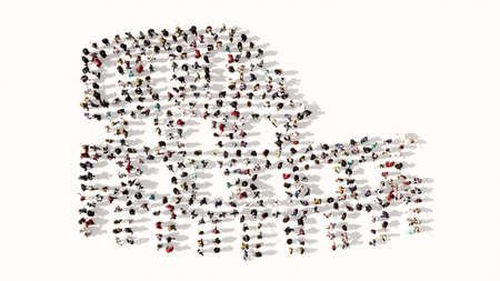 Concept conceptual large community of people forming the  colloseum icon. 3d illustration metaphor for travel, history and culture, tourism and vacationの写真素材