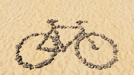 Concept conceptual stones on beach sand handmade symbol shape, golden sandy background, bicycle sign.  3d illustration metaphor for recreation,  health, sport, ecological transportation or workの写真素材