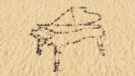 Concept conceptual stones on beach sand handmade symbol shape, golden sandy background, piano sign....