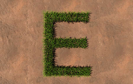 Concept conceptual green summer lawn grass symbol shape on brown soil or earth background, font of E. 3d illustration metaphor for nature, conservation, organic, growth, environment, ecology, springの写真素材