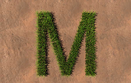 Concept conceptual green summer lawn grass symbol shape on brown soil or earth background, font of M. 3d illustration metaphor for nature, conservation, organic, growth, environment, ecology, springの写真素材