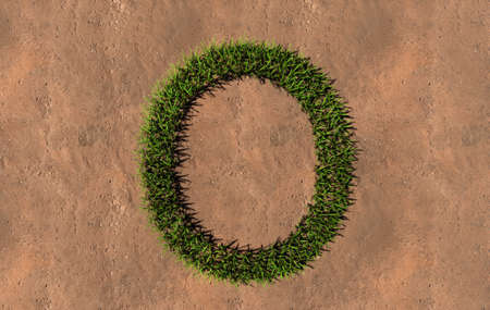 Concept conceptual green summer lawn grass symbol shape on brown soil or earth background, font of O. 3d illustration metaphor for nature, conservation, organic, growth, environment, ecology, springの写真素材