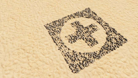 Concept conceptual stones on beach sand handmade symbol shape, golden sandy background, cross sign. 3d illustration metaphor for medical care assistance, emergency doctor, pharmacy or  hospitalの写真素材