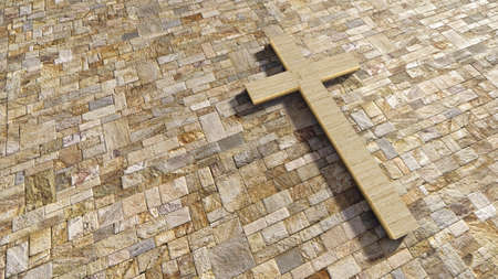 Concept or conceptual travertin stone cross on a vintage pattern limestone background. 3d illustration metaphor for God, Christ, religious, faith, holy, spiritual, Jesus, belief or resurectionの写真素材