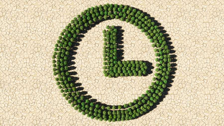 Concept or conceptual group of green forest tree on dry ground background, clock icon. 3d illustration metaphor for time, countdown,  chronometer, business and deadlineの写真素材