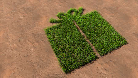 Concept conceptual green summer lawn grass symbol shape on brown soil or earth background, present box. 3d illustration metaphor for celebration, birthday anniversary, holiday, christmas, surpriseの写真素材