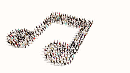 Concept conceptual large community of people forming themusic sign. 3d illustration metaphor for melody, tempo, multimedia, composition, harmony or classic soundの写真素材