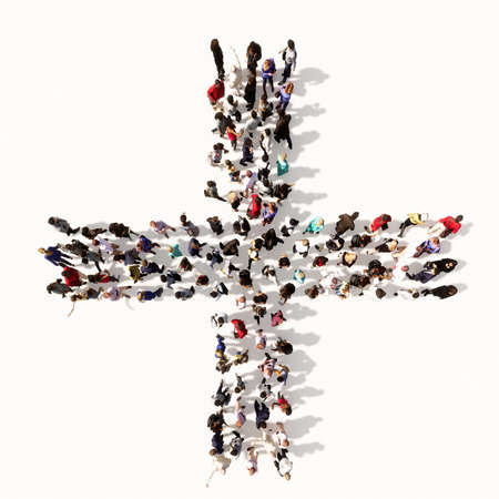 Concept or conceptual large community of people forming the + font. 3d illustration metaphor for unity and diversity, humanitarian, teamwork, cooperation, education, friendship and communityの写真素材