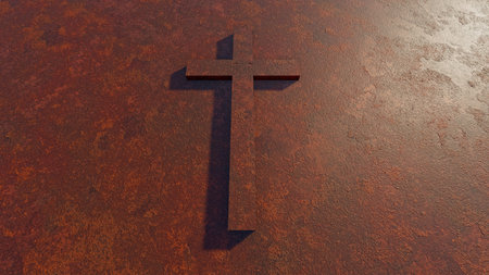 Concept or conceptual cross on a  rusted corroded metal or steel sheet backround. 3d illustration metaphor for God, Christ, Christianity, religious, faith, holy, spiritual, Jesus, belief, resurectionの写真素材