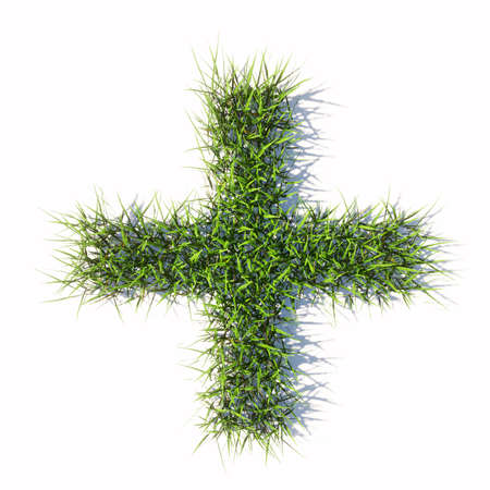 Concept or conceptual green summer lawn grass symbol isolated  white background, plus sign.  3d illustration metaphor for nature, conservation, organic, growth, environment, ecology, spring or summerの写真素材