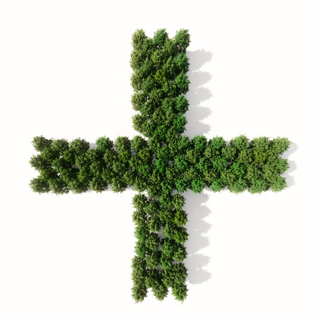 Concept or conceptual group of green forest tree isolated on white background, addition sign. 3d illustration metaphor  for nature, conservation, global warming, environment, ecology, climate, spring or summerの写真素材