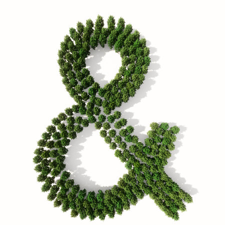 Concept or conceptual group of green forest tree isolated on white background, ampersand sign. 3d illustration metaphor  for nature, conservation, global warming, environment, ecology, climate, spring or summerの写真素材