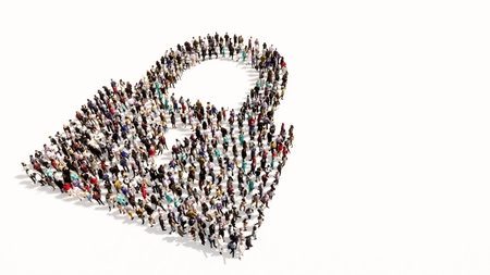 Concept conceptual large community of people forming the padlock icon. 3d illustration metaphor for...