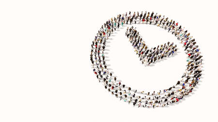 Concept conceptual large community of people forming the clock icon. 3d illustration metaphor for time, countdown,  chronometer, business and deadlineの写真素材
