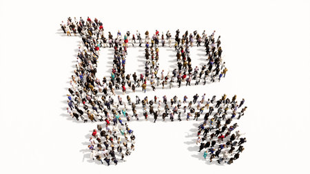 Concept conceptual large community of people forming the shopping cart icon. 3d illustration metaphor for communication, connection, encryption, security, privacy and technologyの写真素材