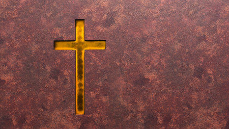 Concept or conceptual golden cross on a  rusted corroded metal or steel sheet backround. 3d...
