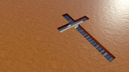 Concept or conceptual wooden logg  cross on an clay background. 3d illustration metaphor for God, Christ, Christianity, religious, faith, holy, spiritual, Jesus, belief or resurectionの写真素材