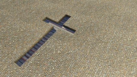 Concept or conceptual wooden logg cross on a stone pavement background. 3d illustration metaphor for...